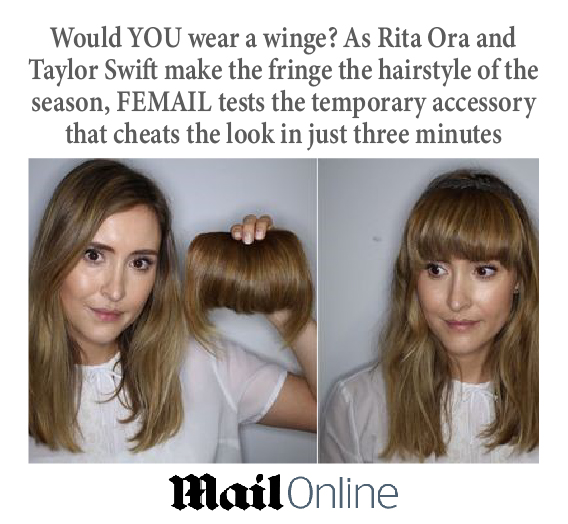 Mail Online with an image of a white woman with and without a bangs clip on.