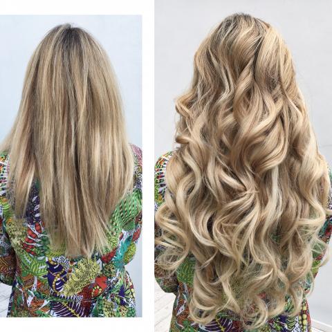 Hair Extensions | A before and after of a blonde woman with and without long curled hair extensions.